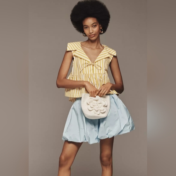 Anthropologie Tops - Anthropologie Maeve Babydoll Yellow Striped V-Neck Peplum Top Size XL NWOT